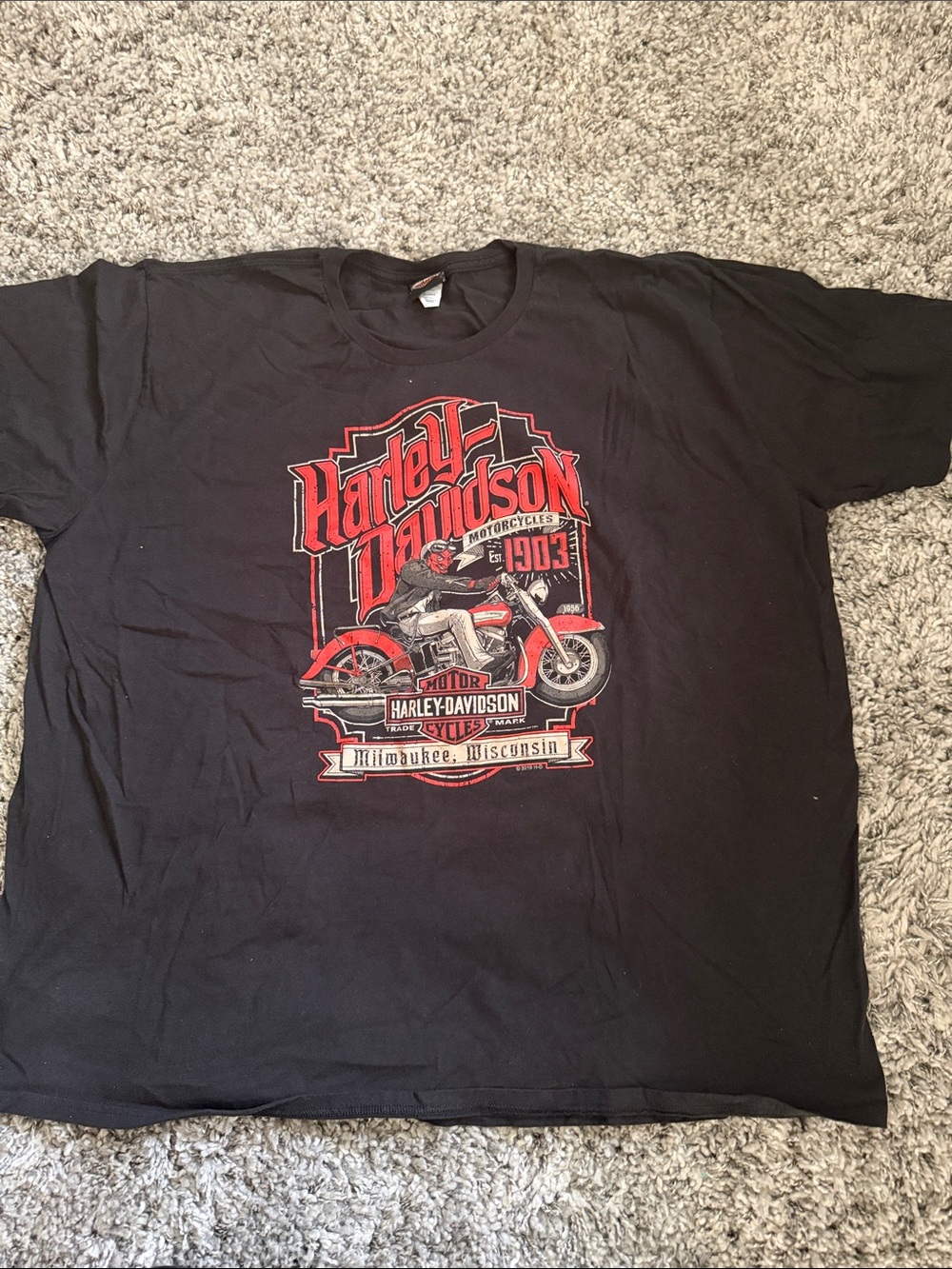 Harley-Davidson Black Tee with Red and White Motorcycle Graphic